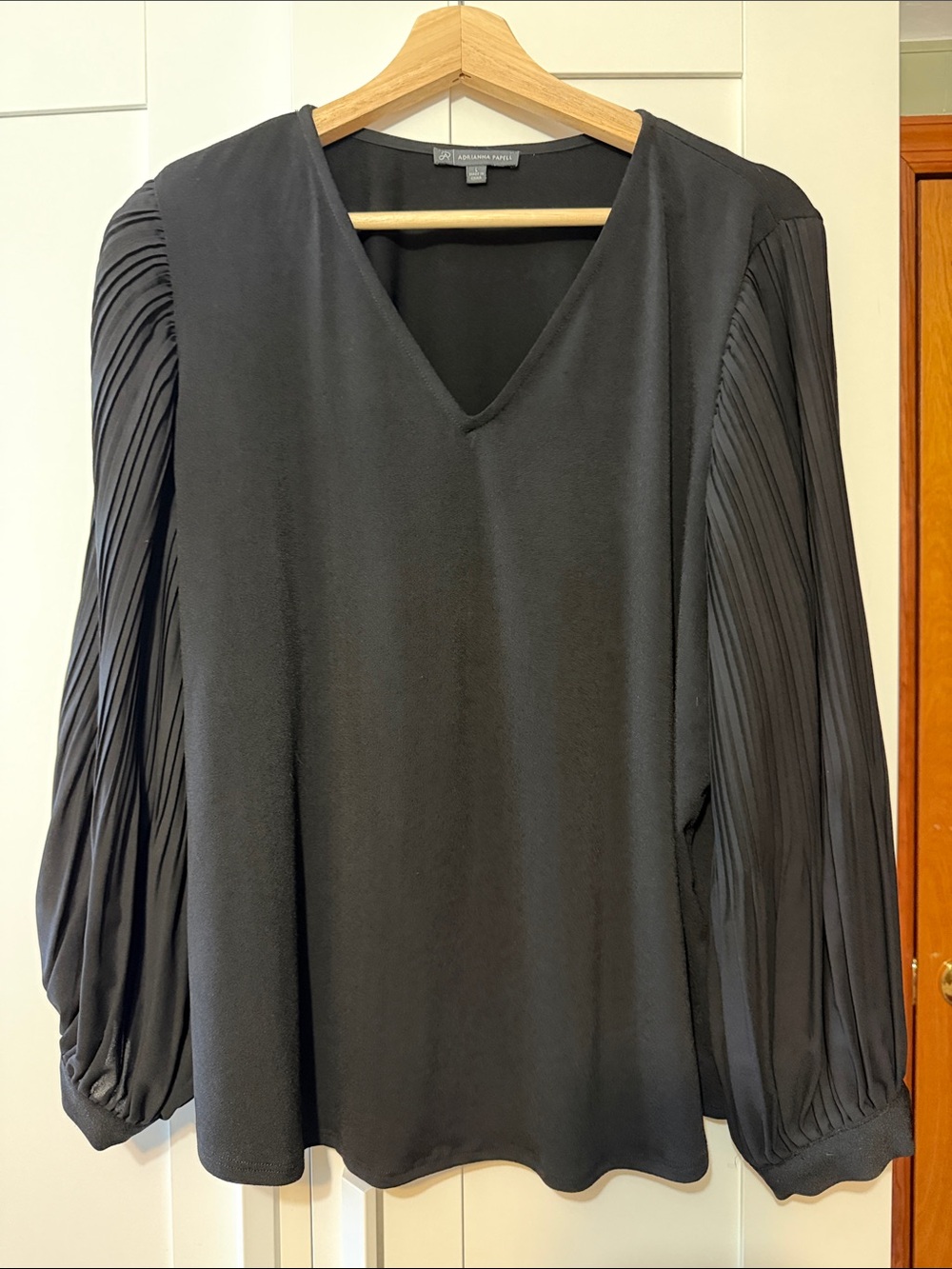 Adrianna Papell Black Pleated Sleeve V-Neck Blouse